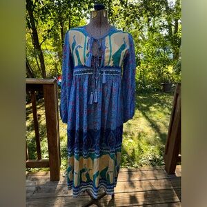 R. Vivimos Dress Womens 0/2 XS Midi Peacock Floral Tie Boho Festival